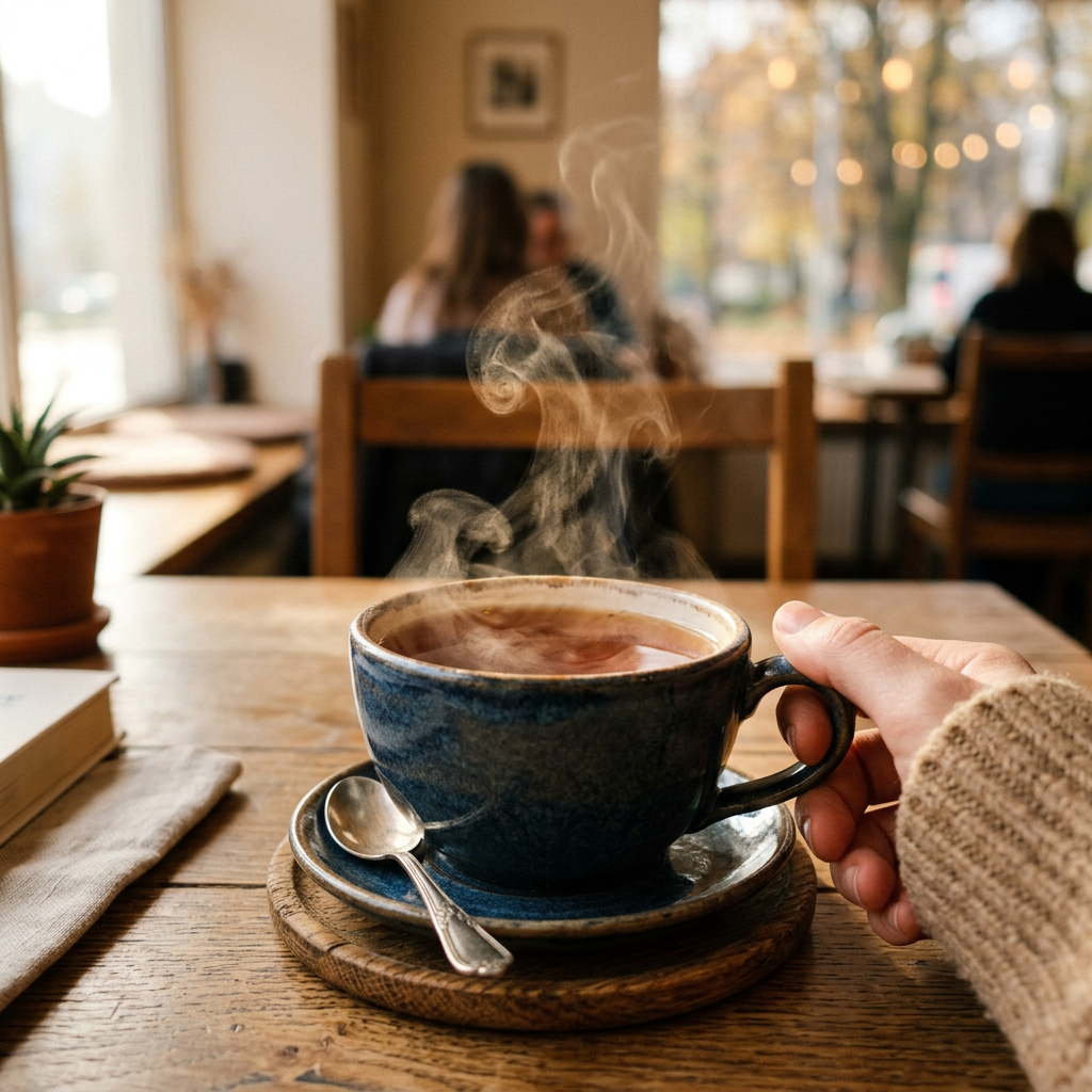 A steaming cup of tea held in a cozy cafe setting